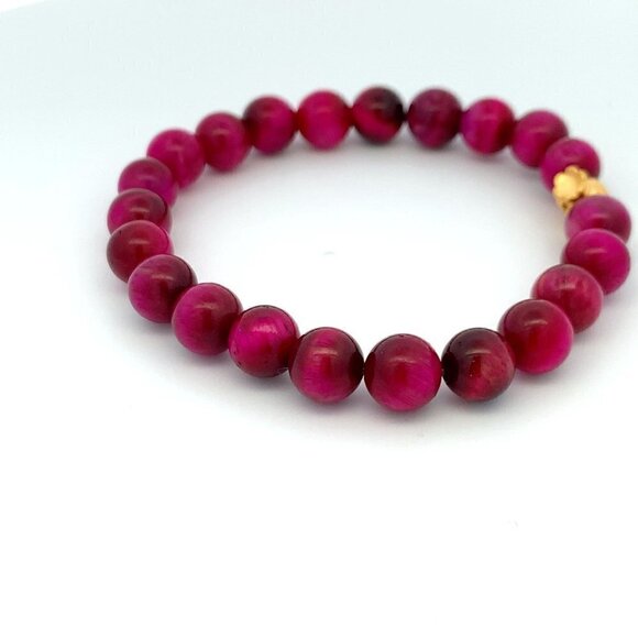 Dyed Tiger's Eye Magenta Stretchable Bracelet Size 6 with 24K Gold Money Bag - Picture 3 of 8